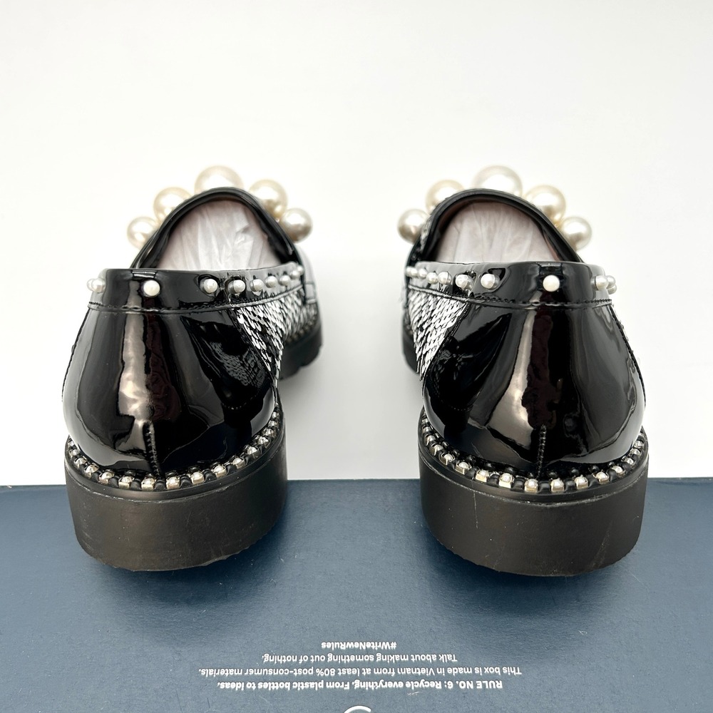 Embellished Womens Loafers Betsey Johnson Harloe Sz 7.5 Black White Sequins NEW - Picture 4 of 6